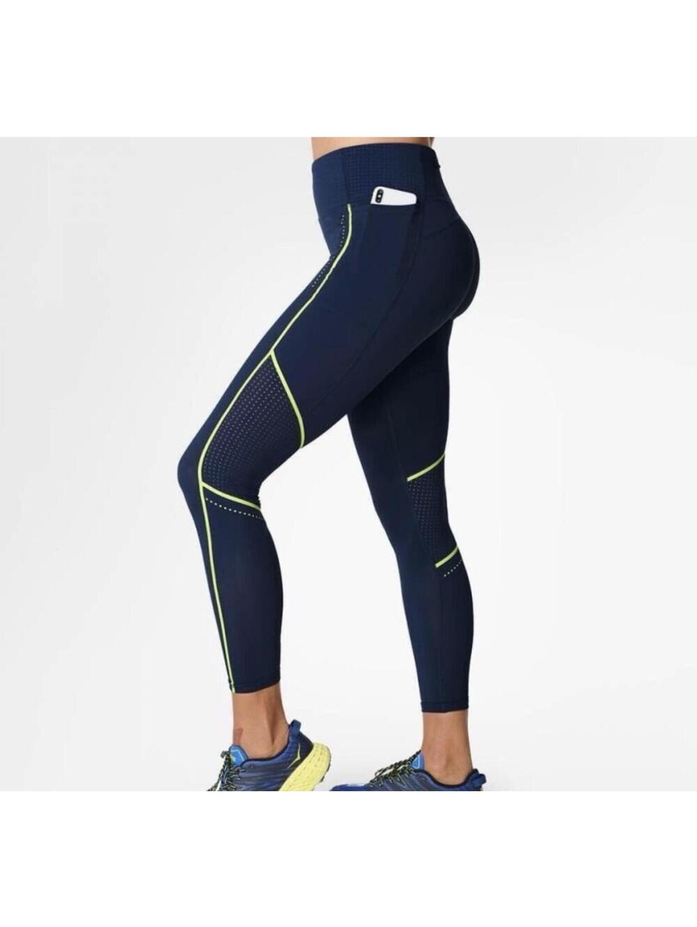 Sweaty Betty Zero Gravity 7/8 Leggings Navy Yellow Women's 4-6 Pockets 24" Ins